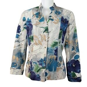 COLDWATER CREEK‎ 12 Painted Watercolor Jacket Blazer Art to Wear Blue Gold Green